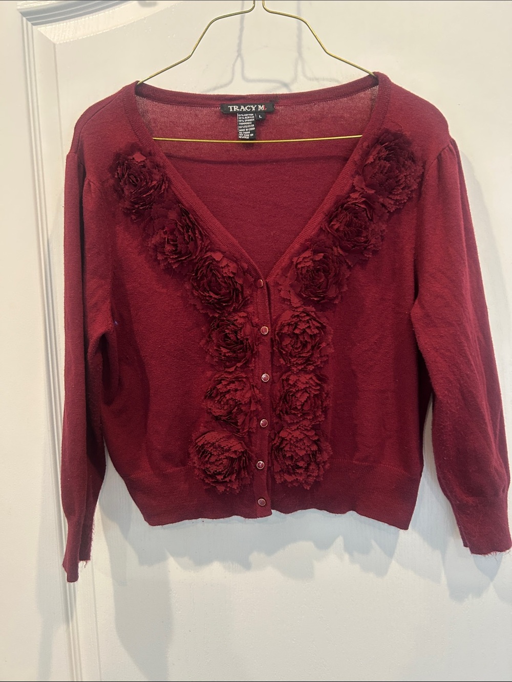 Tracy M Burgundy Floral-Appliqué V-Neck Cardigan
